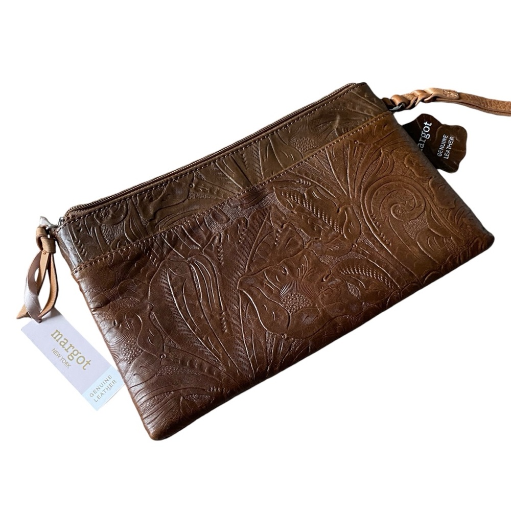 NWT Margot Genuine Embossed Floral Leather Western Boho Zip Up Wristlet …